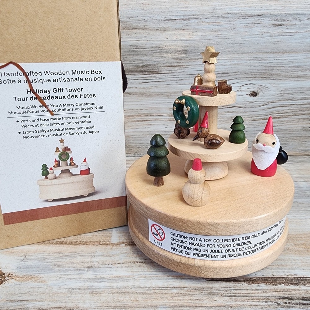Wooderful Life Handcrafted Wooden Music Box Holiday Gift Tower Christmas Santa